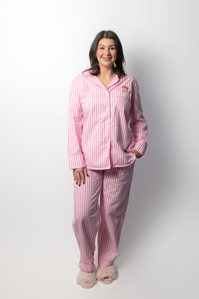Pink striped pyjamas with long legs