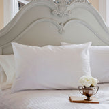 St. Geneve Luxury Pillow Protector, striped cotton sateen, on a bed