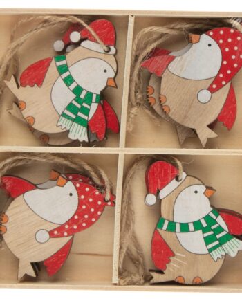 Wooden ornaments in a box of 8